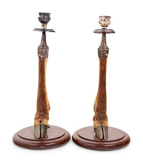 A Pair of English Silver Mounted Taxidermy Candlesticks