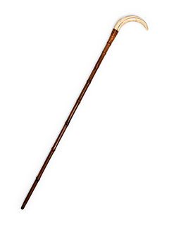 A Boar's Tusk Mounted Bamboo Walking Stick