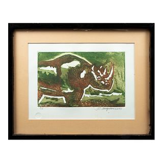 RAÚL ANGUIANO "Rinoceronte", 2001 Firmado y fechado al frente y al reverso Grabado al aguafuerte P/C Enmarcado 51 x 64 cm