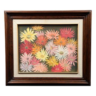 ÁNGELES CLEMENTE DE MOYA "Gerbera flor de México" Firmada y fechada 93 al frente Pastel sobre papel Enmarcada Con certificado 62 x 72cm