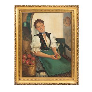 Firma sin identificar. Mujer con manzanas. Óleo sobre tela. Enmarcado. 78 x 58 cm