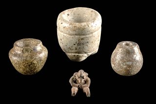 4 Pre-Columbian Stone Carvings - Beads, Mortar & Figure