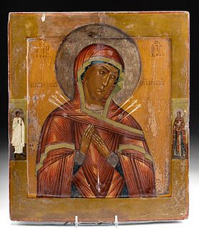 19th C. Russian Icon Virgin Theotokos w/ 7 Arrows