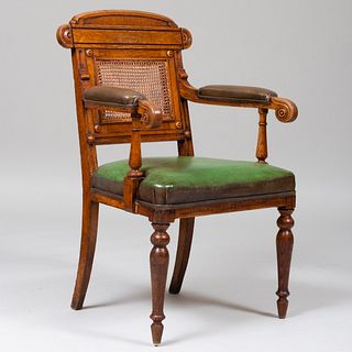 William IV Oak, Caned and Leather Armchair, Stamped C. Munro, Possibly Scottish