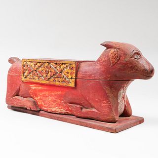 Indian Red Painted and Parcel-Gilt Wood Stand in the Form of a Recumbent Cow