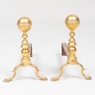 Pair of Brass Bulbous Andirons