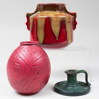 Two Weller Pottery Vases and a Chamberstick