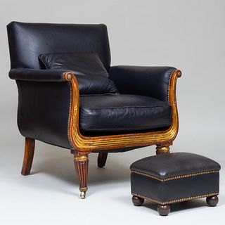 Regency Mahogany and Parcel-Gilt Leather Upholstered BergÃ¨re