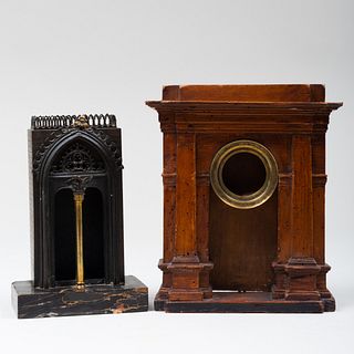Neoclassical Brass-Mounted Stained Wood Watch Holder and a Neo-Gothic Patinated-Metal Table Decoration