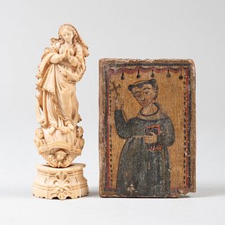 Polychromed Icon of St. Francis and Simulated Bone Figure of the Immaculata