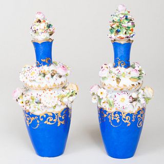 Pair of Jacob Petit Porcelain Flower Encrusted Scent Bottles and Stoppers