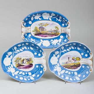 Three English Perriwinkle Ground Transfer Printed and Enriched Landscape Dishes
