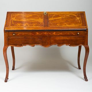 Italian Rococo Style Walnut and Fruitwood Marquetry Slant-Front Desk