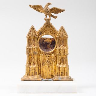 Glazed Pottery Model of the Plinth for the Isted Lion and a Gilt-Metal Watch Stand on Marble Base