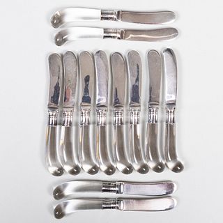 Set of Twelve Silver Plate and Glass Butter Spreaders