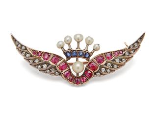 14K Gold, Silver, Pearl, Ruby, Sapphire and Diamond Brooch