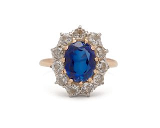 14K Gold, Synthetic Sapphire, and Diamond Ring