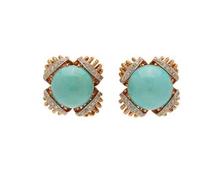14K Gold, Turquoise, and Diamond Earclips
