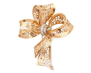 14K Gold and Diamond Bow Brooch