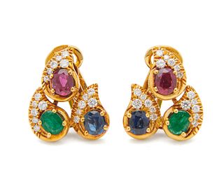 18K Gold, Ruby, Sapphire, Emerald, and Diamond Earclips