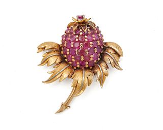 18K Gold and Ruby Pineapple Brooch