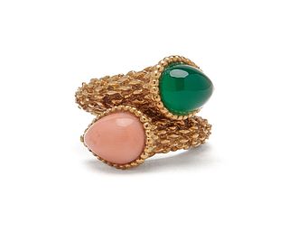BOUCHERON 18K Gold, Coral, and Chrysoprase Bypass Ring