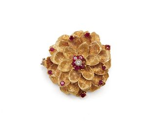 CARTIER 18K Gold, Ruby, and Diamond Brooch