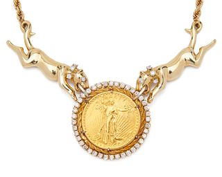 14K Gold, Gold Coin, and Diamond Necklace