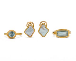 Two 22K Gold and Aquamarine Rings and 22K Gold and Mother-of-Pearl Earclips