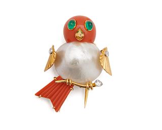 CARTIER 18K Gold, Coral, Pearl, Diamond, and Emerald Bird Brooch