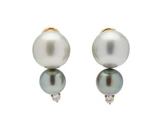 18K Gold, Pearl, and Diamond Earclips