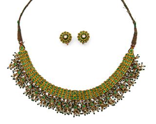 Indian High Karat Gold, Enamel, Emerald, and Diamond Necklace and Earclips