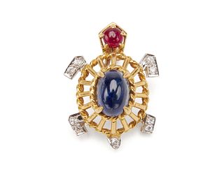 CARTIER 18K Gold, Sapphire, Diamond, and Ruby Turtle Pendant