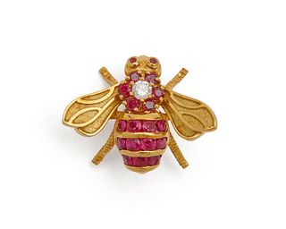 18K Gold, Ruby, and Diamond Bee Brooch