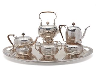 DURGIN Silver Six Piece Coffee and Tea Service on Tray, retailed by Hodgson, Kennard & Co.