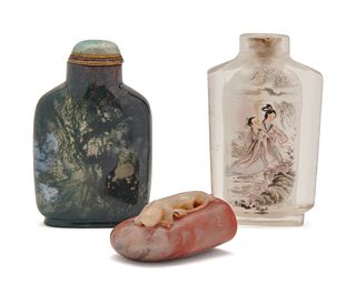 Two Snuff Bottles and a Carved Hardstone Salamander Seal