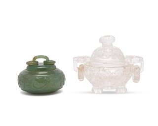 Chinese Carved Crystal Diminutive Covered Censer together with a Chinese Carved Jade Diminutive Covered Censer
