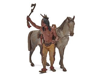 Austrian Cold-Painted Bronze of a Standing Native American and His Horse, late 19th century