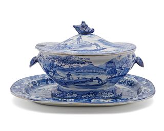 English Blue and White Covered Tureen with Underplate