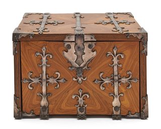 Continental Exotic Wood Iron Clad Lift Top Fall Front Document Box, 18th/19th century