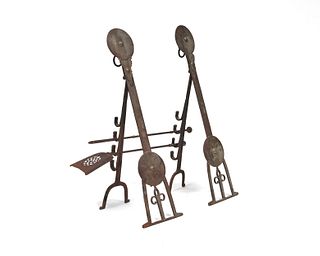 Pair of Wrought Iron Andirons together with complementary Fireplace Poker and Shovel