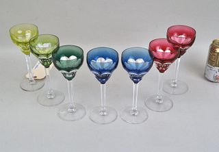 Seven Val St. Lambert Colored Crystal Wine Glasses