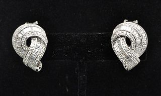 Pair 14K White Gold & Diamond Earrings