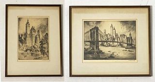 Nat Lowell, Two Framed Etchings, NYC Scenes