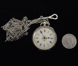 Sterling Pocket Watch, Fancy Dial & Chain