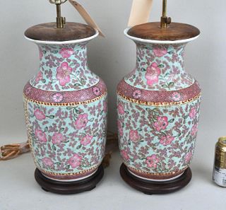 Pair Asian Style Vases Mounted As Lamps