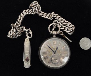 English Sterling Pocket Watch/Chain & Key, 1866
