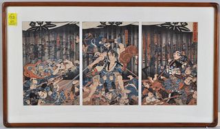 Framed Japanese Triptych of Battling Samurai