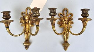 Pair Continental Style Figural Bronze Wall Sconces