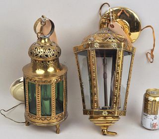 Two Continental Repousse Brass Hanging Lanterns